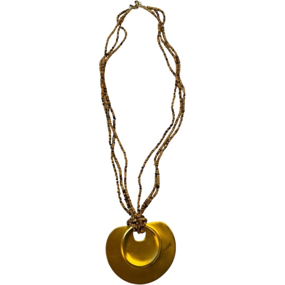 Kenneth Jay Lane Gold Tone Pendant Multi Strand Wood Bead Statement Necklace
